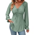 thumbnail image 3 of Hibeli Women Drawstring V Neck Ruffle Long Sleeve Tunic Jacquard Solid Color Top, 3 of 7