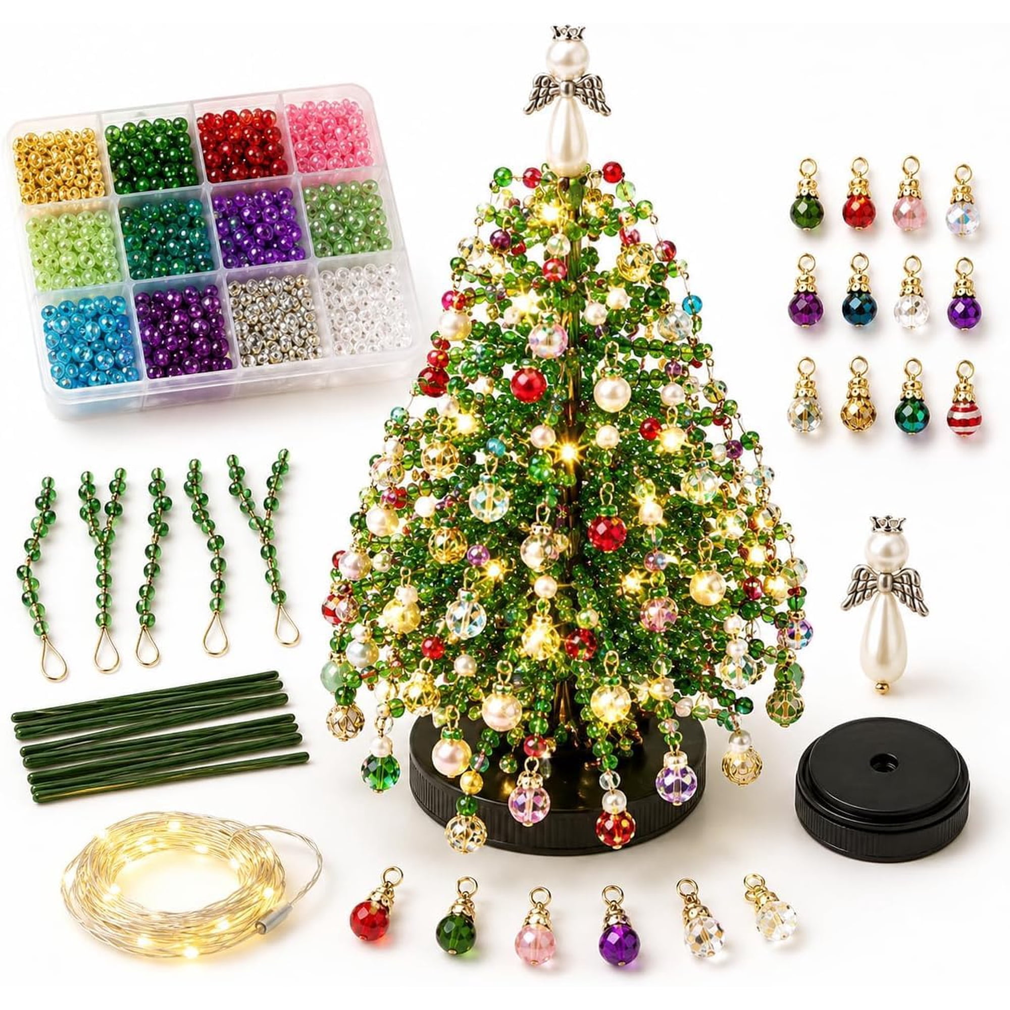 Jingle Beads Christmas Tree DIY Kit, Beaded Christmas Tree Craft Set with Colorful Beads, Ornament Charms, Metal Frame, Angel Topper and Lights, Tabletop Holiday Decor