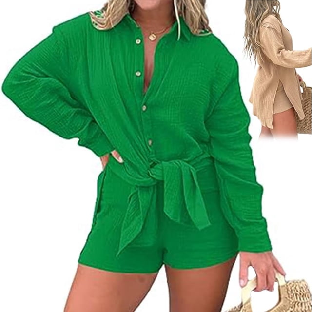Barcelona Breeze Conjunto de vestido mameluco, verano sexy casual camisa suelta tops+pantalones cortos para mujer 2 piezas