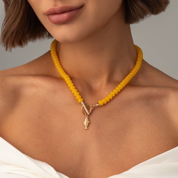 NICKSUN Dopamine Color Disc Beaded Choker with Gold Fish Pendant, Ocean Style OT Toggle Clasp Necklace