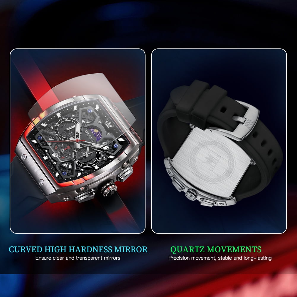 OLEVS Watches for Men Chronograph Waterproof Luxury Dress Quartz Silicon Strap Multifunction Moon Phase Calendar Luminous Men Wrist Watches Reloj Para Hombre Black/Red