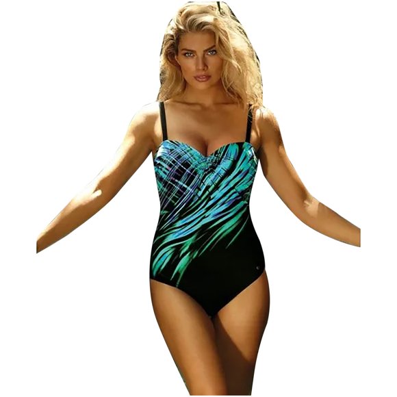 WREESH Print Strap Elegant Plus Size Swimdresses Swimsuits For Women