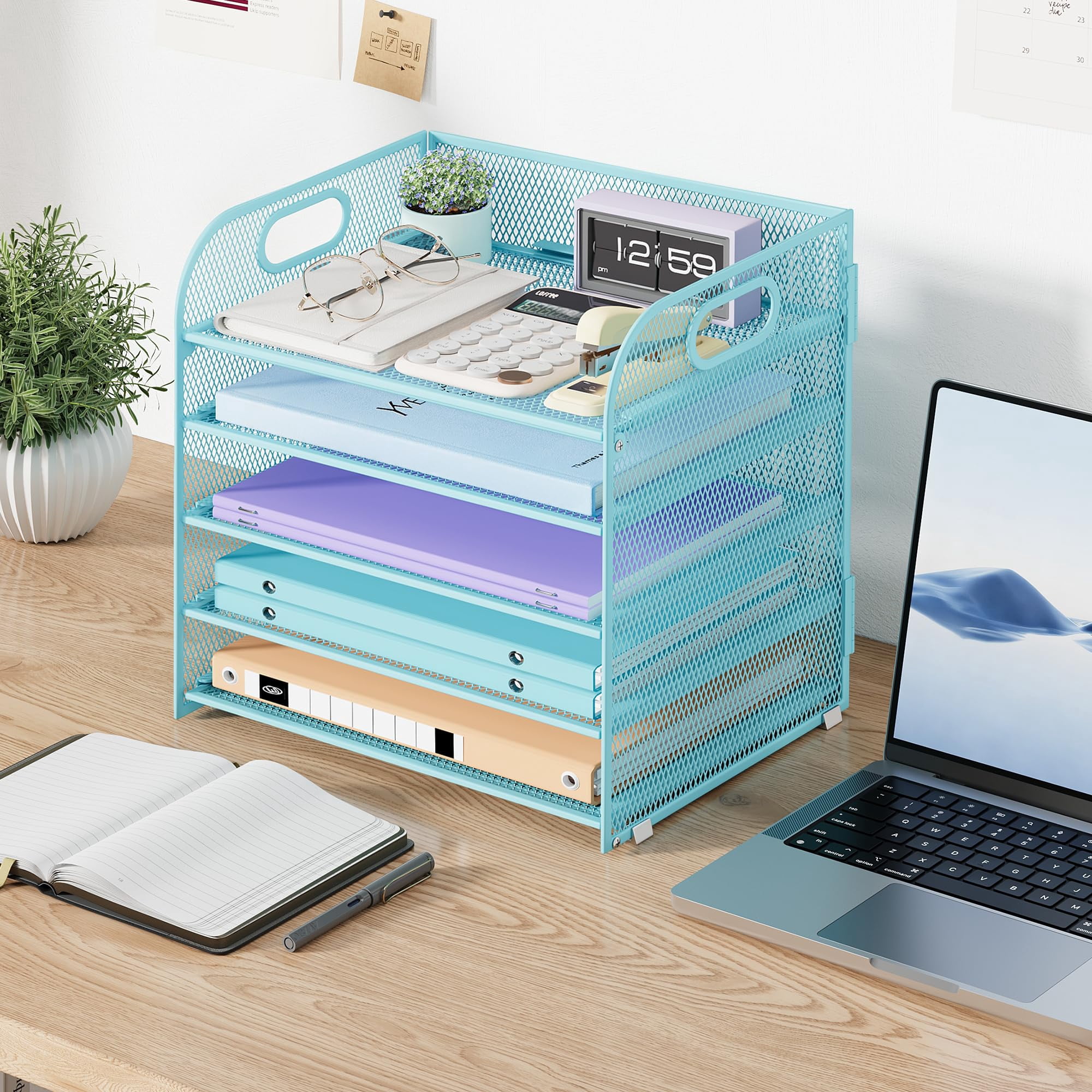 5 Tier Paper Organizer With Handle  Blue Metal Mesh Desk File Folder Letter Tray Desktop Document Sorter For Classroom School Office Accessories Organization And Storage