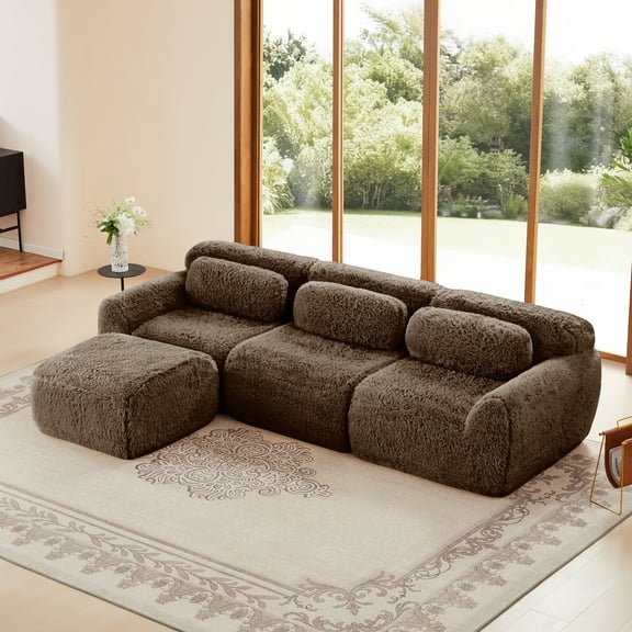 Aukfa 115" Faux Fur Modular Sectional Sofa, 4-Piece Deep Seat L-Shaped Couch with Ottoman, Brown