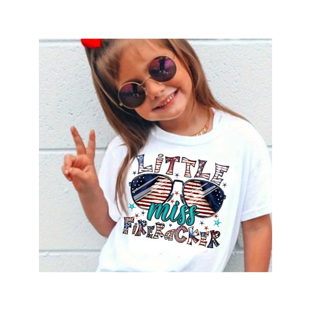 Girls' Patriotic 4th of July American Flag Fashion Glasses Graphic & "Little Miss Firecracker" Print 100% Cotton Loose Fit Casual Summer T-Shirt, Shirts for Girls, Vibrant Graphic Tee, Quality Pr