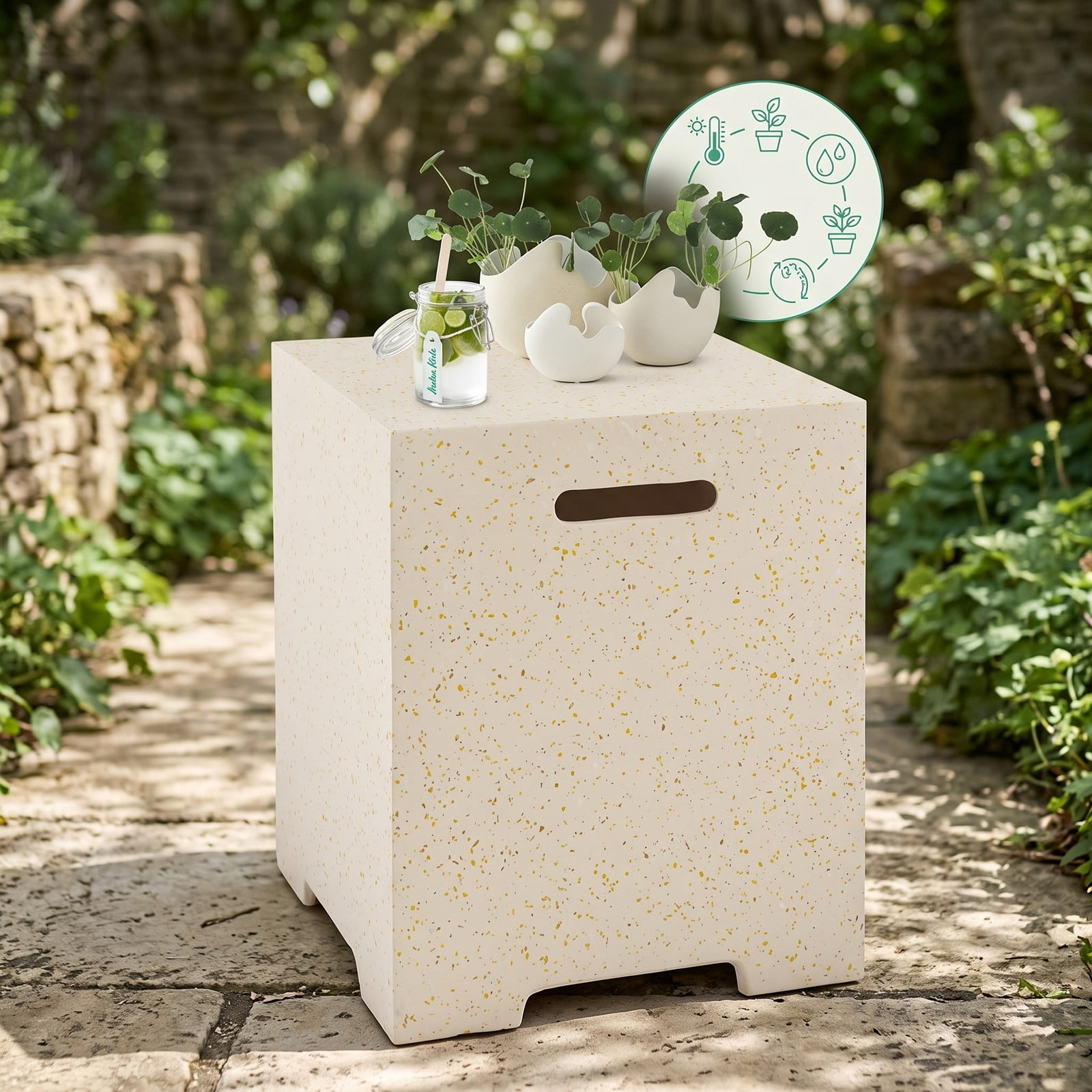 Biotree 2-in-1 Propane Gas Tank Cover Side Table with Protective Polyester Cover, Terrazzo Outdoor Patio End Table for 20 lb Tank, Indoor Accent Table, White