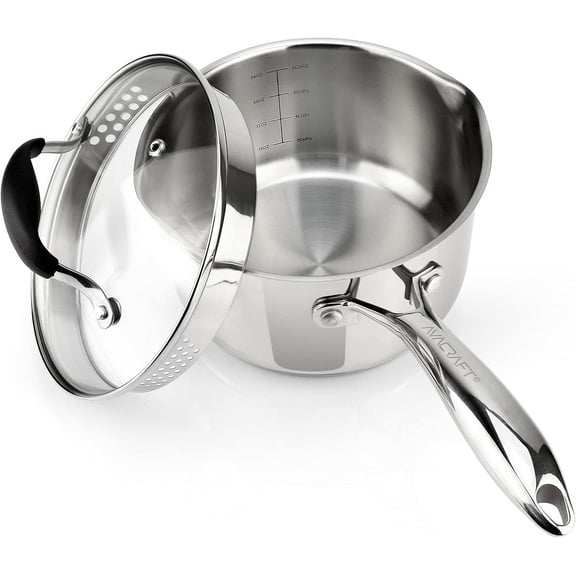Stainless Steel Saucepan with Glass Lid, Strainer Lid, Two Side Spouts for Easy Pour with Ergonomic Handle, Multipurpose Sauce Pan, Sauce Pot