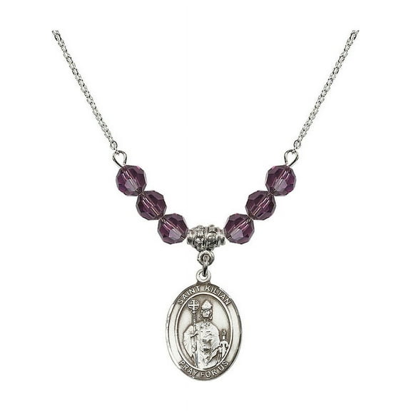 18-Inch Rhodium Plated Necklace with 6mm Purple February Birth Month Stone Beads and Saint Kilian Charm