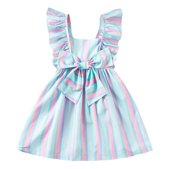 TAIAOJING Girls Summer Dresses Casual Striped Bow A-Line Dress With Flutter Sleeves For Toddler Kids Age 1-7 Years Versatile 2-3Y