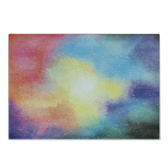 Outer Space Cutting Board, Watercolor Nebula Colorful Galaxy Stars Universe Dreamy Cosmos Celestial Art, Decorative Tempered Glass Cutting and Serving Board, Small Size, Multicolor, by Ambesonne
