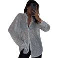 thumbnail image 3 of Women'S Sequins Long Sleeve Collared Shirt Button Down Open Front Shirt Loose Blouses Shirst Tops White XXXL, 3 of 9