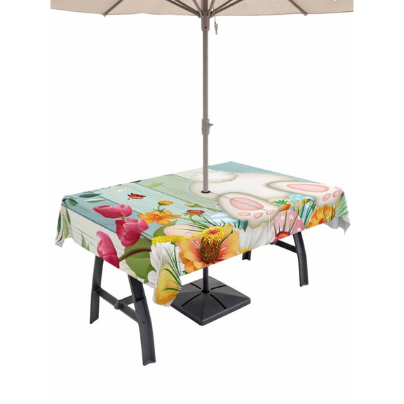 Outdoor Tablecloth with Umbrella Hole and Zipper, Easter Rectangle Table Cloth 60x102 Inch Waterproof Tablecloth, Spring Watercolor Eggs Country Tulip Wooden Grain Picnic Table Cover for Patio