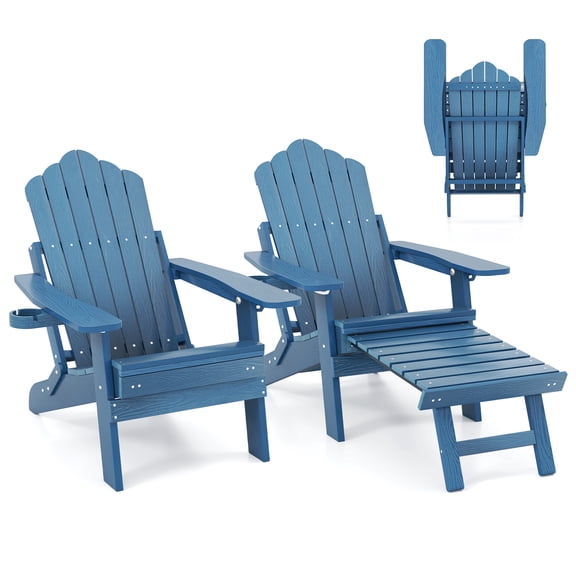 Gymax 2 PCS Folding Adirondack Chair HIPS Fire Pit Chair w/ Adjustable Backrest Navy