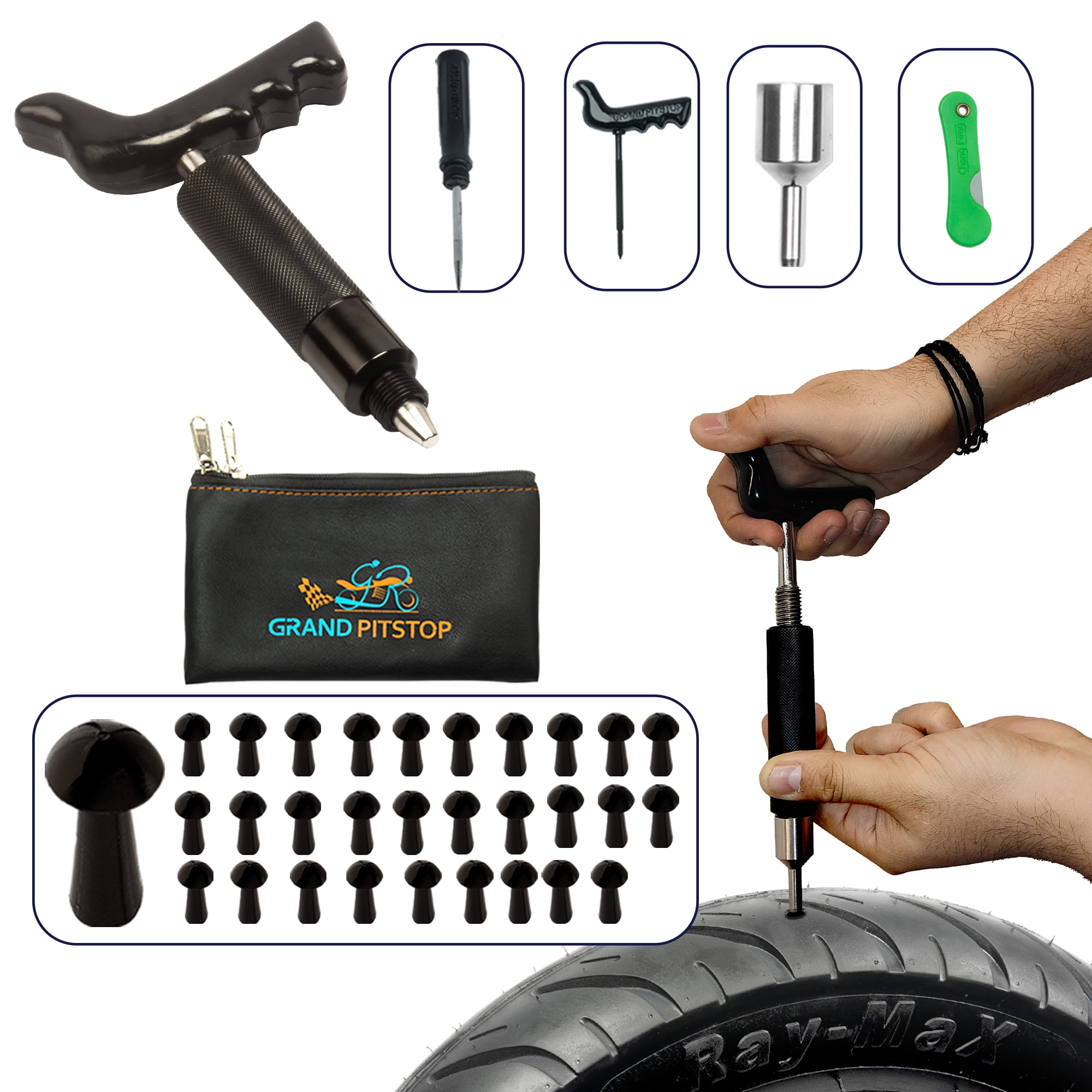 Grand Pitstop Tubeless Tire Puncture Repair Kit for Motorcycle and Cars