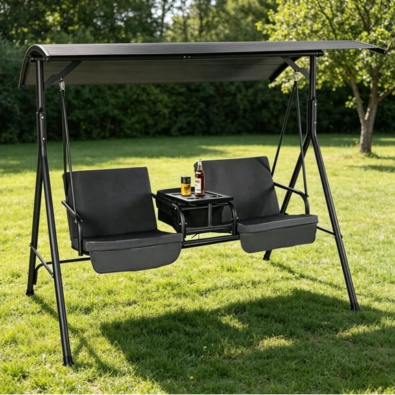 LAZZO 2-Seat Outdoor Patio Swing Chair, Canopy Porch Swing with Cooler and Removable Cushion, Gray