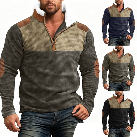 Men's Stand Collar Sweatshirt with Faux Fur Hood, Outdoor Casual Top, Spring Fall Fleece Jacket for Cold Weather, Christmas Gift, Hiking and Urban Exploration,Army Green,L