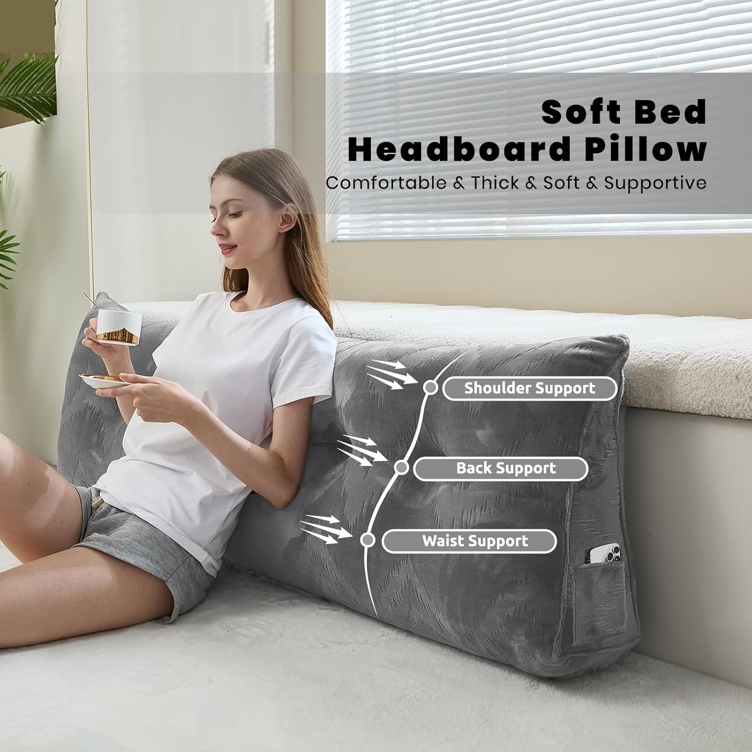 Headboard Pillow for Bed,Triangular Wedge Pillow Headboard Soft Support While Reading and Resting,Bed Bolster Cushion Headboard with Removable Cover, Queen (59"x8"x20")
