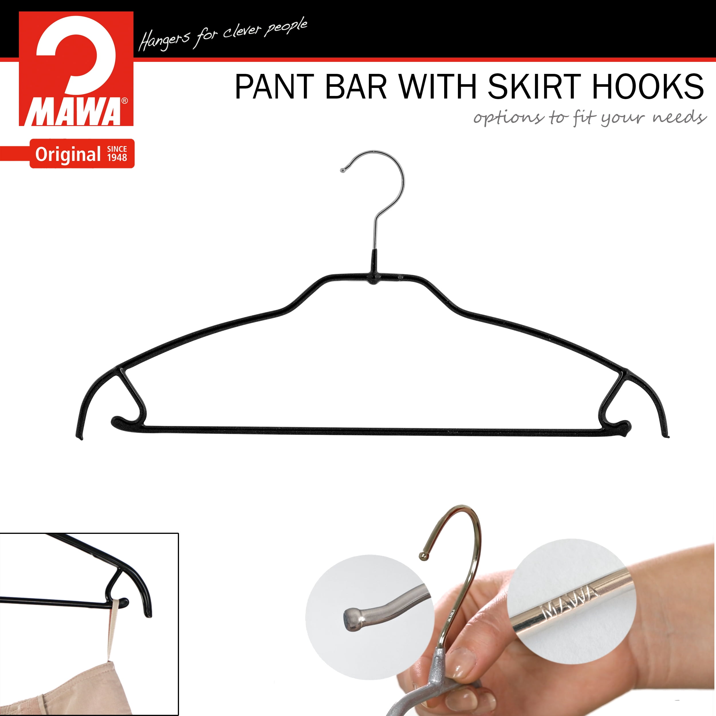 Mawa by Reston Lloyd Ultra Thin Silhouette Series Non-Slip Space Saving Hanger with Pant Bar/Skirt Hook, Style 42/FTU, Set of 10, Black