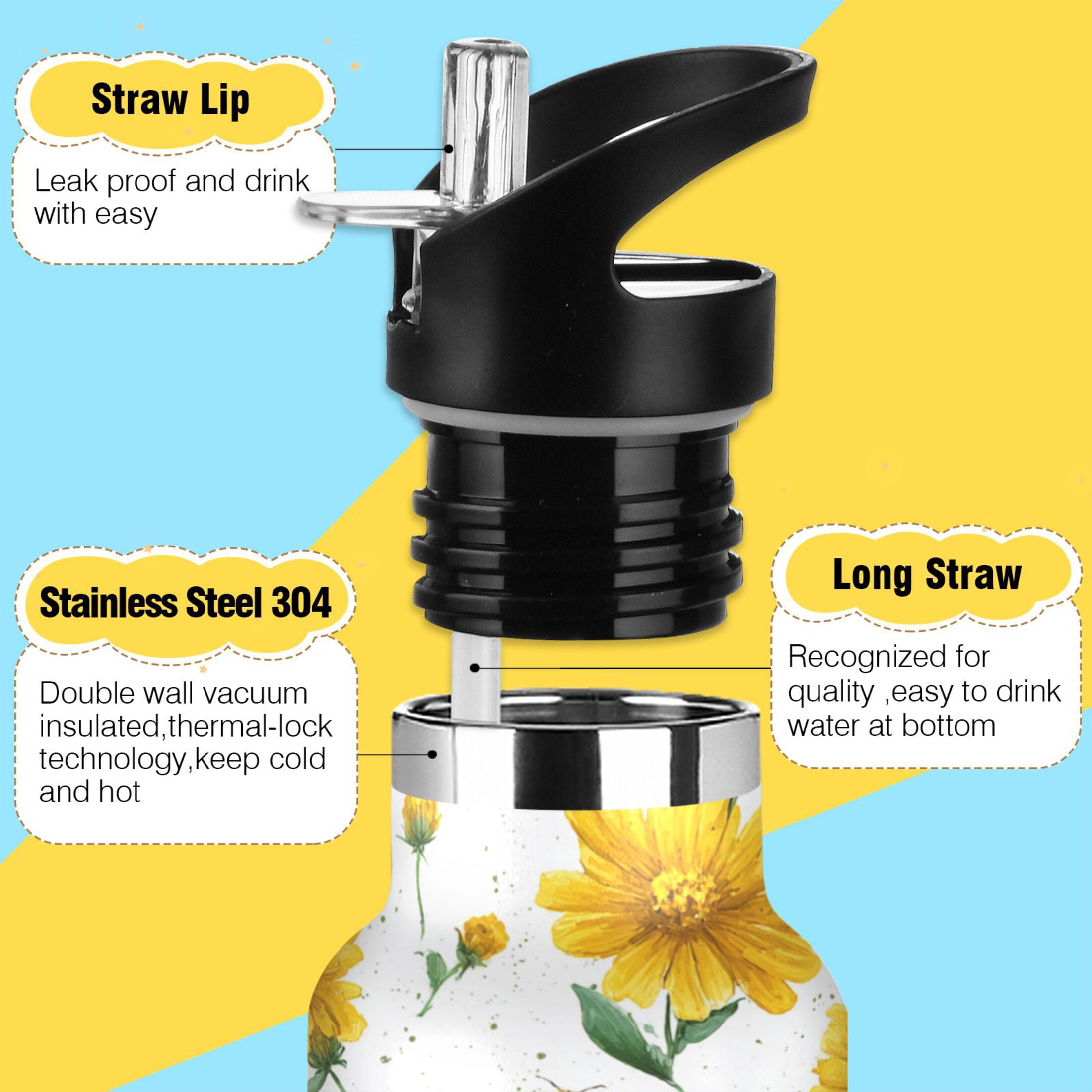 Kids Insulated Stainless Steel Sports Water Bottle 600ml (20oz) Daisies and Bees Pattern