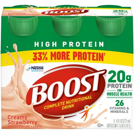 Boost High Protein Complete Nutritional Drink, Creamy Strawberry, 8 fl oz Bottle, 6 Count