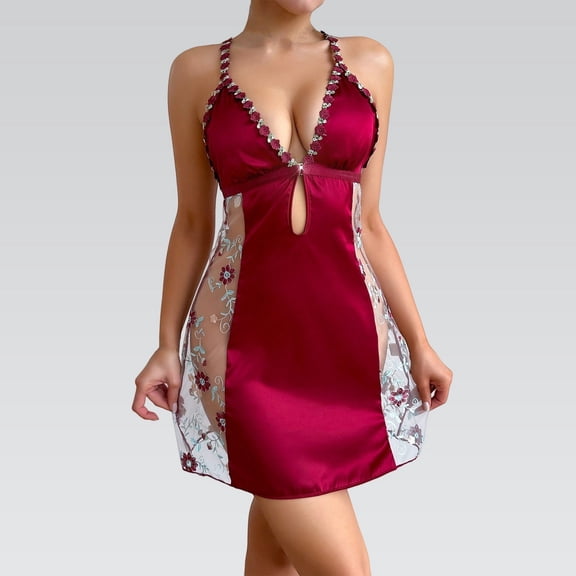Womens Lingerie Strap Side Embroidered Mesh Cutout Lingerie Dress