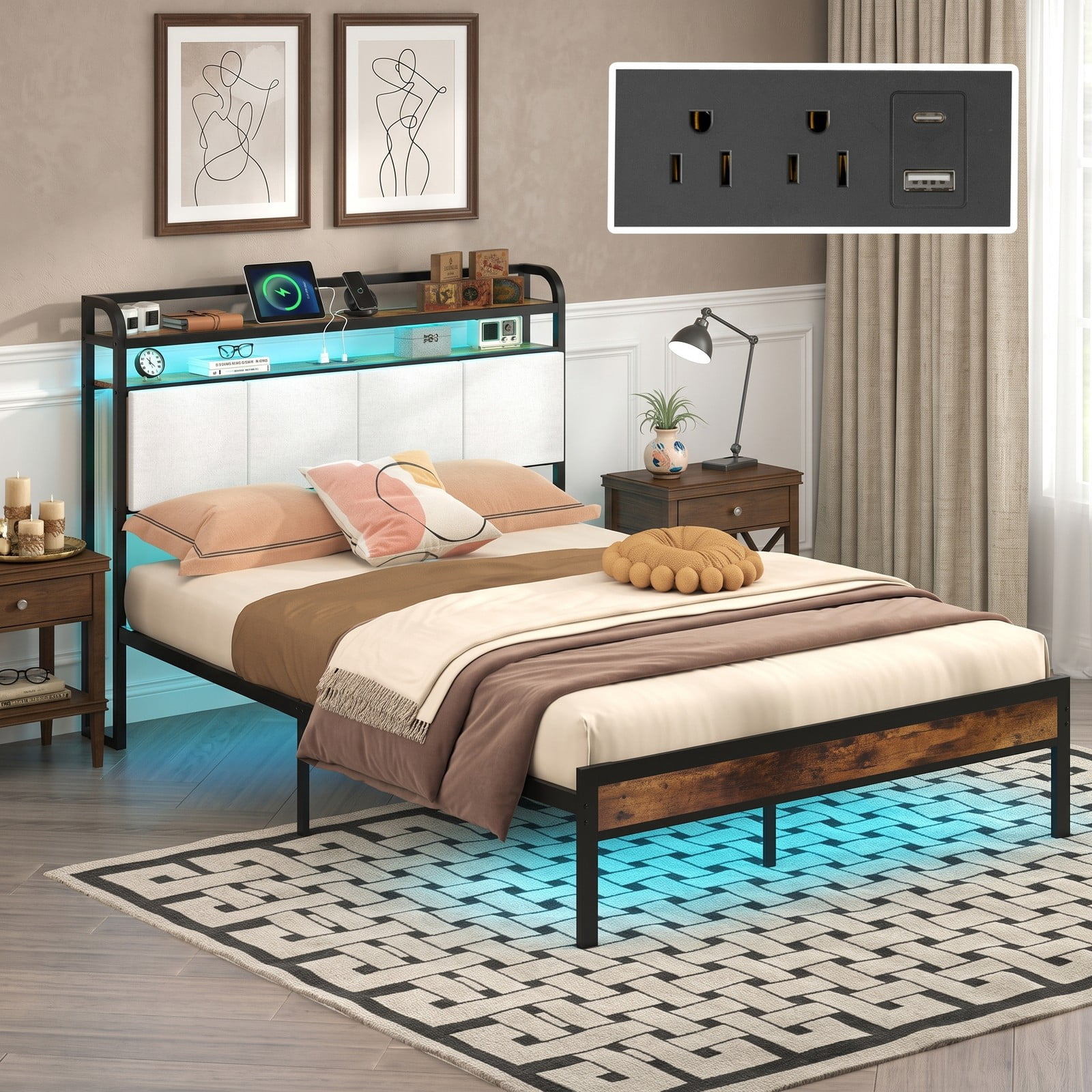 Furnibear Queen Bed Frame, Metal Platform Bed with Storage Headboard, LED Lights and Charging Station, No Box Spring Needed, Rustic Brown and Gray