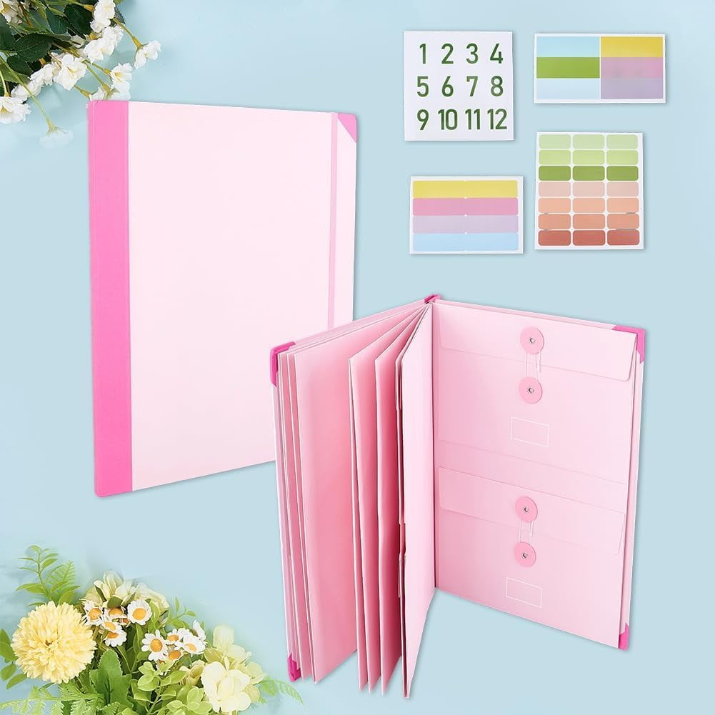 Folio Document Holder Accordion File Folder in Case I Go Missing Binder Pink Expandable Paper File Pockets Bags with Stickers for Social Security Cards Letters Important Certificates for DIY