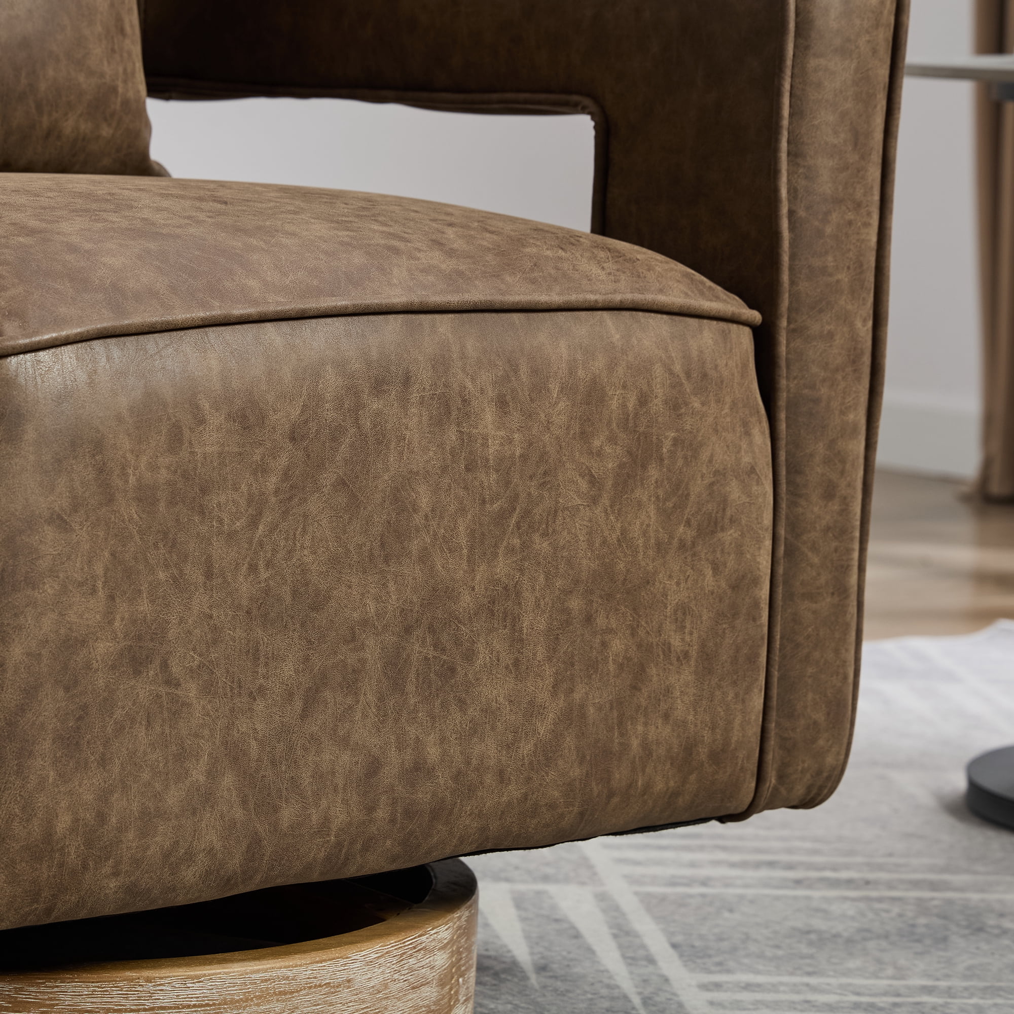 Leumius Swivel Accent Chair with Open Back,Modern Single Sofa Chair With Weathered Base for Nursery Bedroom Living Room Hotel Office, Club Chair Leisure Arm Chair for Lounge,Coffee PU