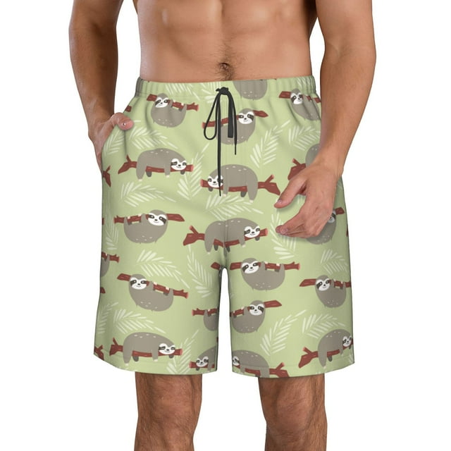 Saiise Twig Sloth Print Men's Swim Trunks Hawaiian Bathing Suit Swimsuits Beach Shorts with Pockets-Large
