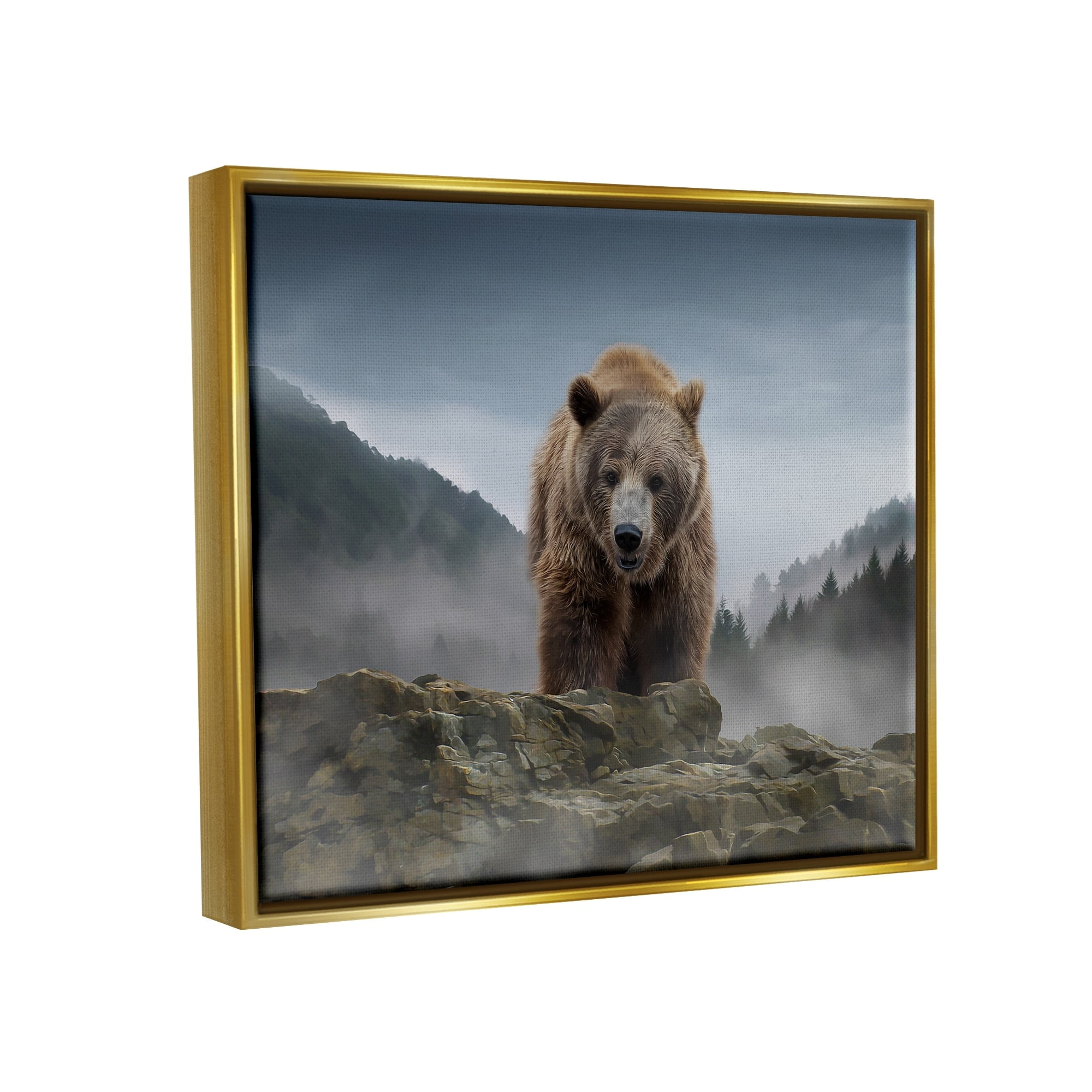 Stupell Industries Roaring Brown Grizzly Bear Rocky Mountain Top View Graphic Art Metallic Gold Floating Framed Canvas Print Wall Art, Design by Kelley Parker