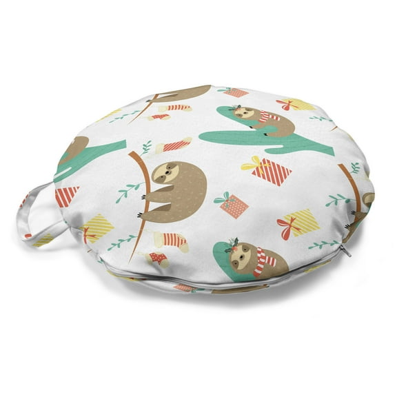 Christmas Round Floor Cushion with Handle, Pattern of Sloths Holiday Socks and Gift Boxes, Decorative Pillow for Living Room & Dorms, 18" Round, Seafoam Dark Tan, by Ambesonne