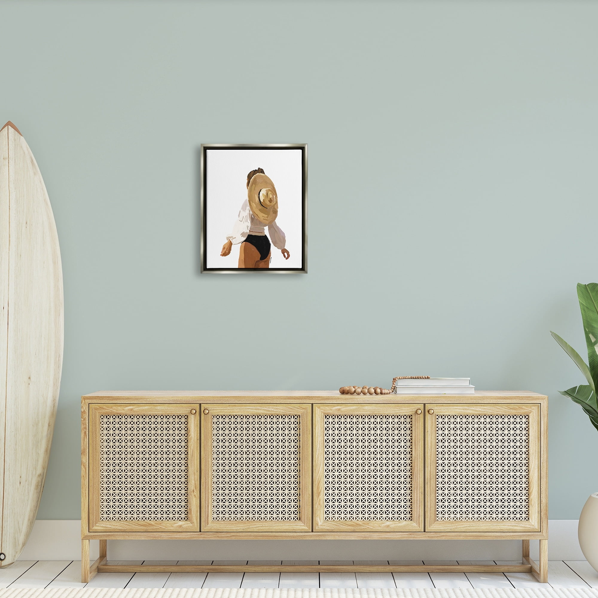 Stupell Industries Woman Draped Sun Hat Tropical Summer Vacation Graphic Art Luster Gray Floating Framed Canvas Print Wall Art, Design by Amelia Noyes