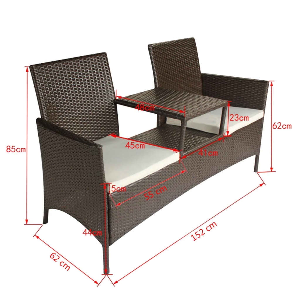 Kepooman 2 Seat Patio Rattan Wicker Bench with Tea Table, Brown