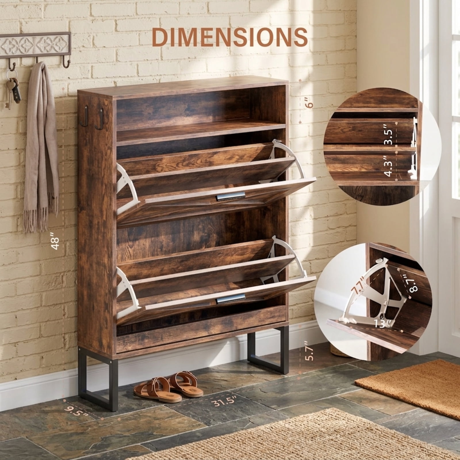 Fenbeli Shoe Cabinet with 5 Flip Doors, Slim Burnt Wood Storage Organizer with Adjustable Shelves, Freestanding Entryway Cabinet for Hallway Bedroom and Closet