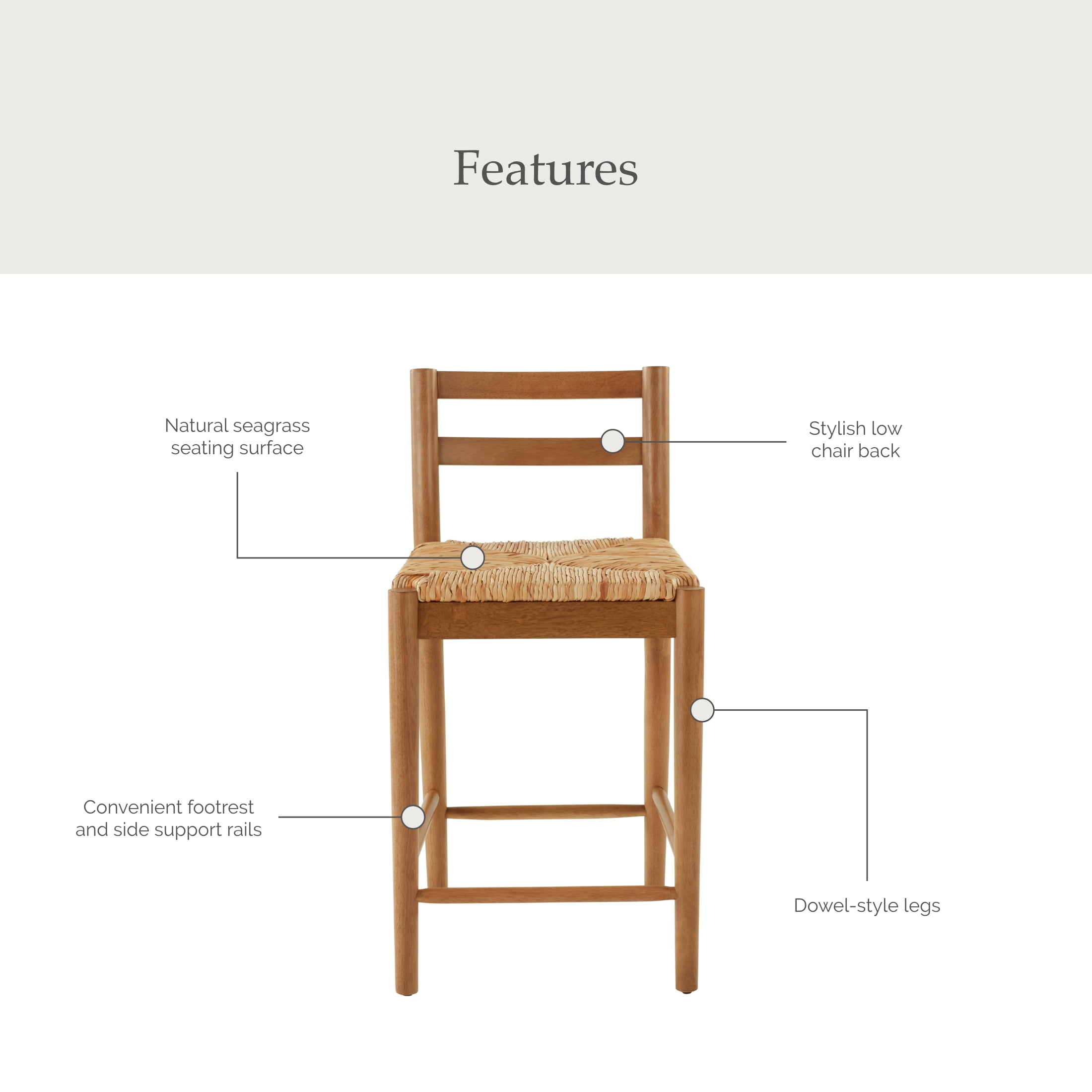 My Texas House Laurel Counter-height Dining Stools with Woven Seagrass Seat, Warm Brown, 2 Pack