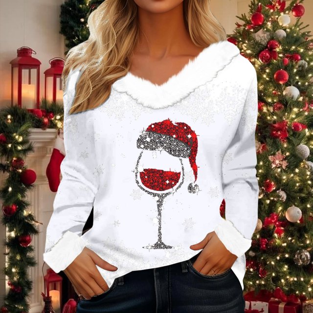 MHFRRA Camiseta Informal de Manga Larga para Festividades, Suave, Cómoda y de Uso Diario, Blusa Holgada para Celebraciones de Temporada y Un Atuendo Acogedor. Blanco