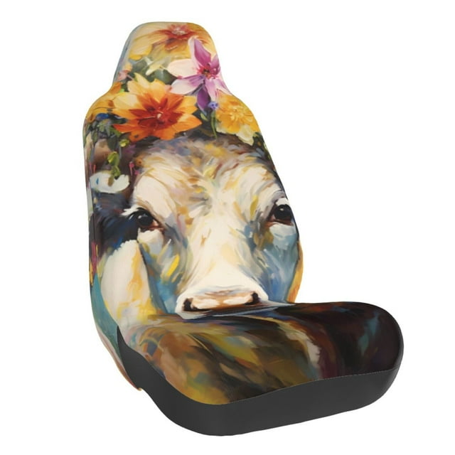 Wukai Oil Painting Flower Cow Full Set Car Seat Covers with Soft Padding Universal Auto Front Seats Protector and Cushion Mat
