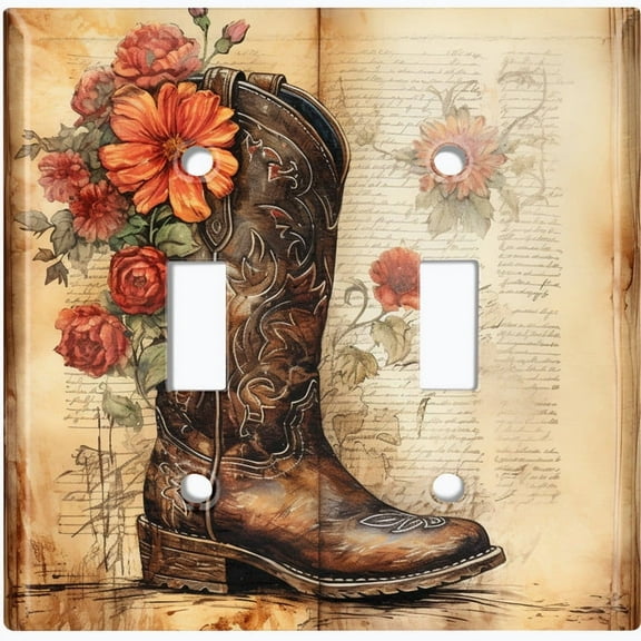 Metal Light Switch Wall Plate Outlet Cover (Printed Image of Rustic Cowboy Boot - Double Toggle)