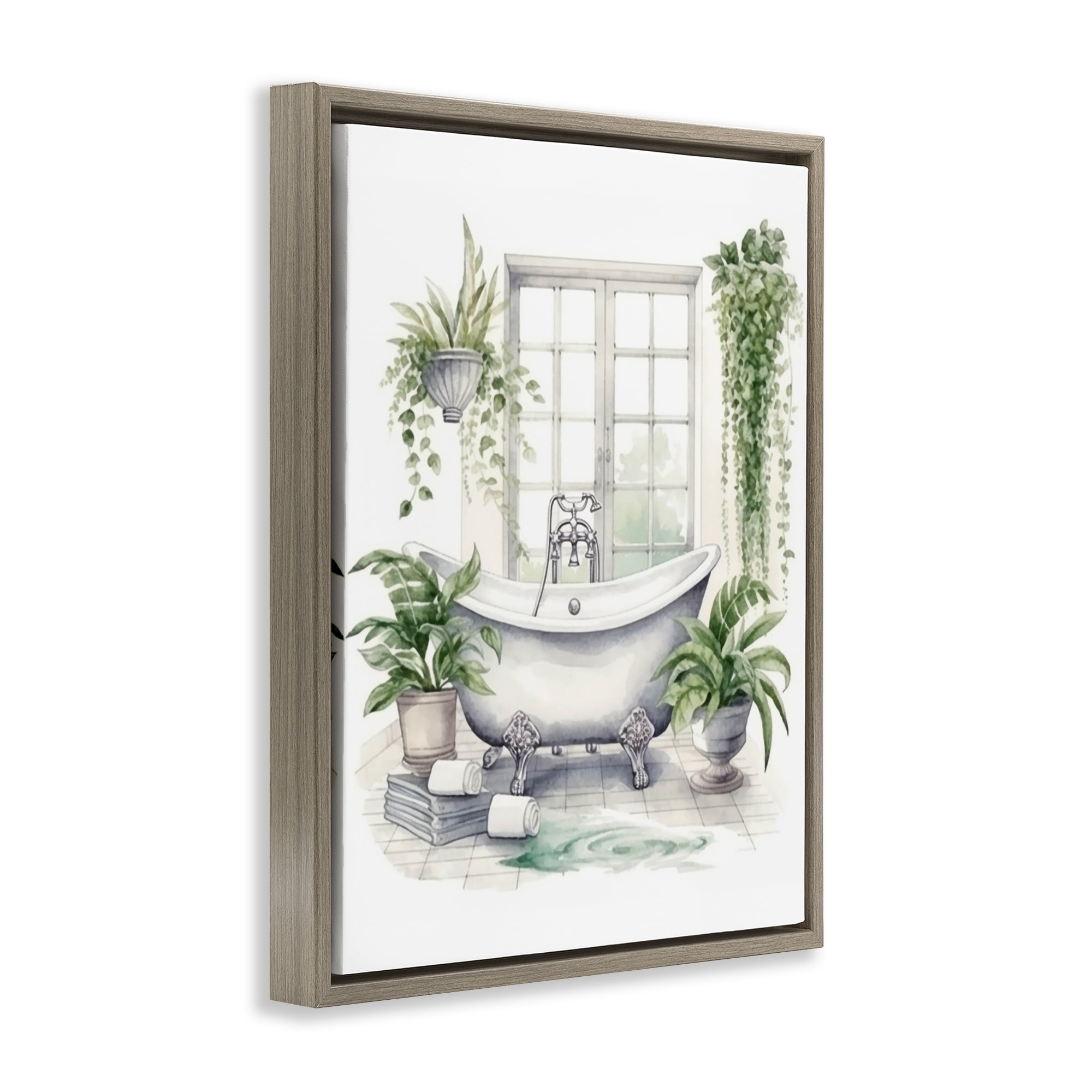 Lush Greenery Bathtub & Window Brown Framed Floater Canvas Wall Art, design by Lettered and Lined