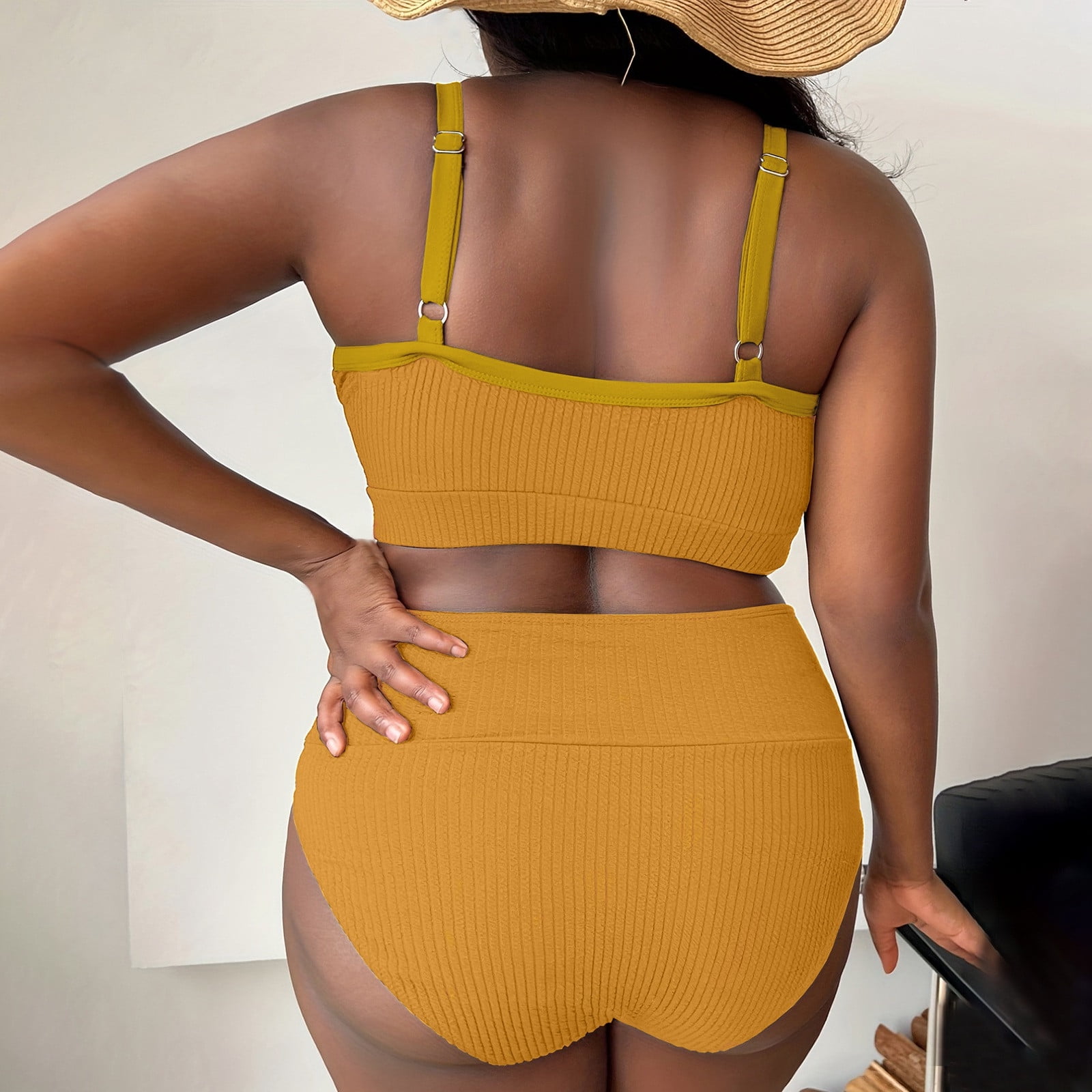 Women's Plus Size High Waisted Bikini Set Women's Solid Color Hollow Shoulder Strap Adjustable Backless Sexy Swimsuit Plus Size Bathing Suits (Yellow,4XL) - image 4