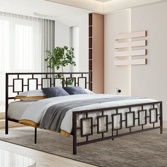 King Size Bed Frame with Headboard and Footboard, No Box Spring Needed Metal Platform, Premium Steel Slat Support, Copper Color Iron-Art Bed Frame