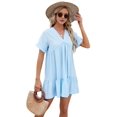 thumbnail image 3 of Women'S Short Sleeve V Neck Ruffle Hem Solid Swing Smock Dress Casual Loose Fit Mini Dress Summer Beach Wear Sky blue XXL, 3 of 9