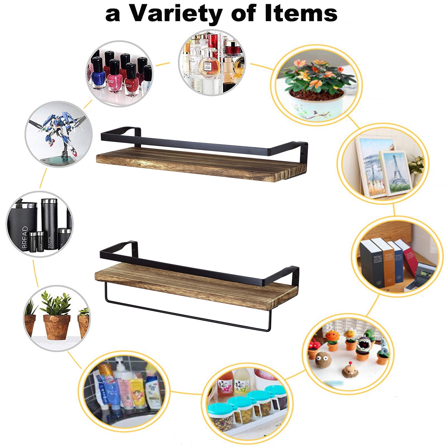 16" Wall-Mounted Floating Shelves W/Rack & Towel Bar, Home Decor 2-Tier Natural Burnt Wood Storage Shelf for Livingroom Kitchen Bedroom, Bathroom Shelves Over The Toilet