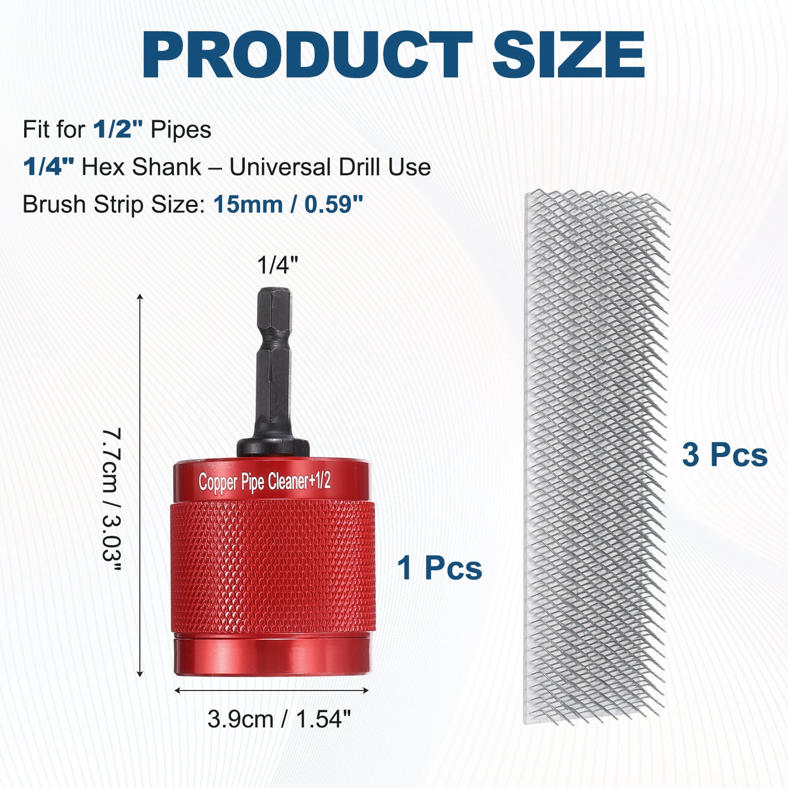 Uxcell 1/2" 1/4" Metal Copper Pipe Cleaner Set, Hex Shank Drill Powered Pipe Brush Replacement Plumbing Tools with 3 Brushes for Removing Dust Rust Copper Various Metal Pipes, Red