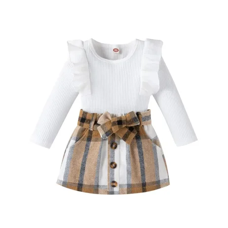 

GEDER-F Baby Girls Knitted Long Sleeve Ruffle Top & Plaid Skirt Set Kids Clothes