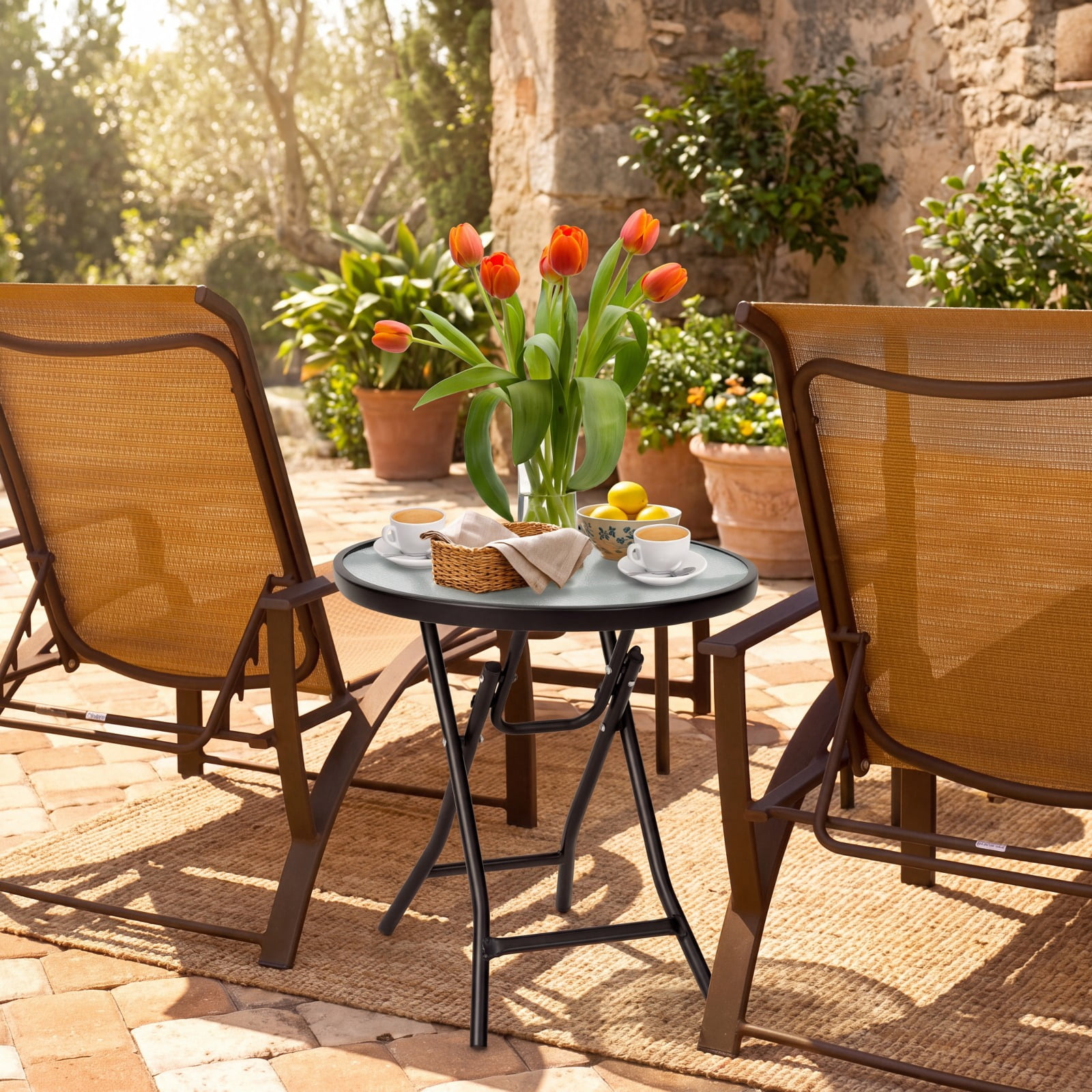 Furnibear Folding Patio Side Table with Tempered Glass Tabletop and Steel X Frame for Backyard Garden Poolside and Balcony, Black