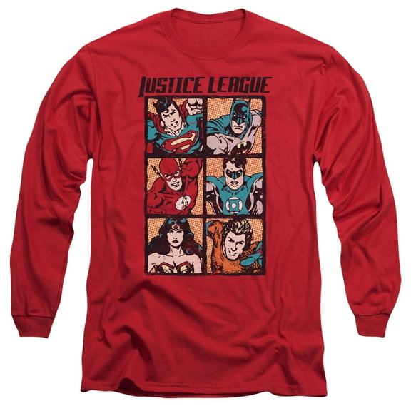 JLA Justice League Rough Panels Long Sleeve Adult 18/1 T-Shirt Red