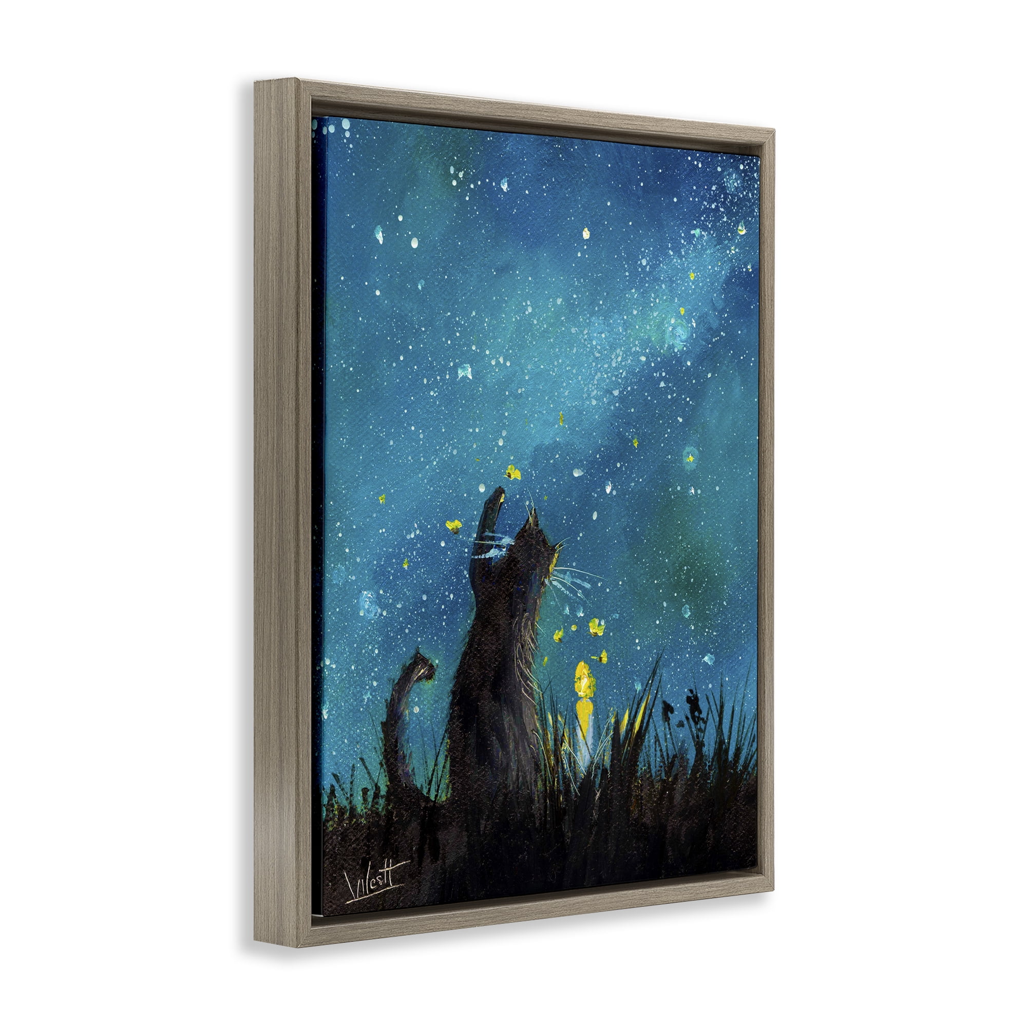 Stupell Industries Cat Playing Under Stars Astrology & Stars Painting Brown Floater Framed Canvas Art Print Wall Art, 25 x 31