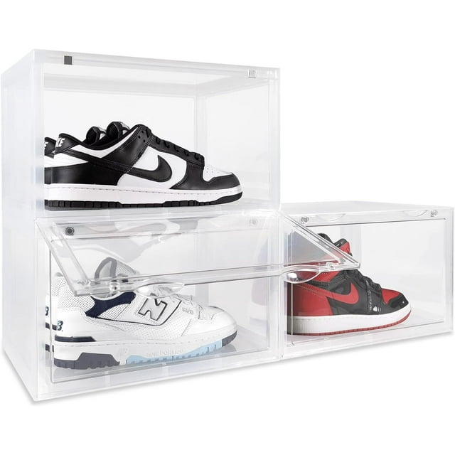 OLLIE XL Shoe Storage Boxes – Foldable and Stackable Shoe Storage Organizer for Closet – Clear HardFor Up to Size 13 – Acrylic Shoe Box Storage Containers for Jordan, Sneakers, Boots (3-Pack, Clear)