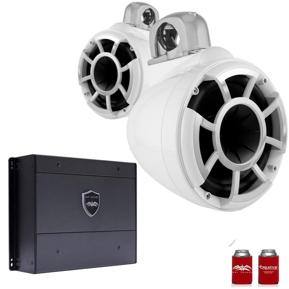 Wet Sounds REV8W-FC-SA 8" White Tower Speakers with Silver Aluminum Fixed Clamps & SYN-DX2 750 Watt Amplifier